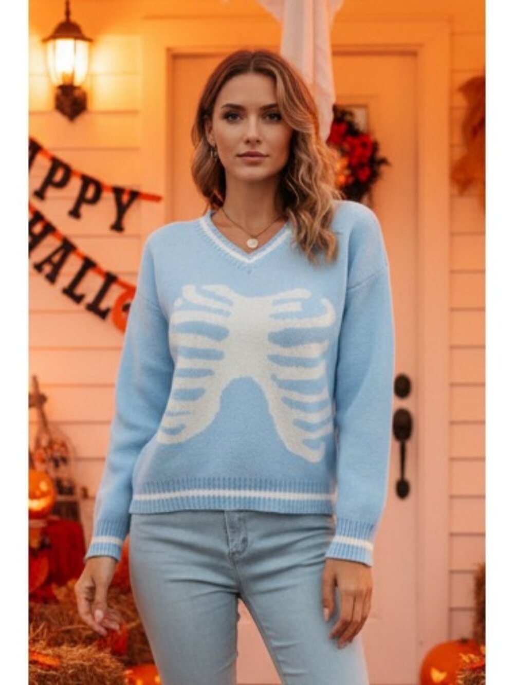Skeleton Rib Cage V-Neck Top Long Sleeve Knit Pullover Sweater Halloween Grunge